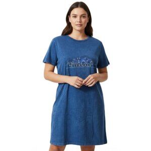 Marvel Eternals Navy Acid Wash Gold Rings Women T-Shirt Dress (Medium) NEW